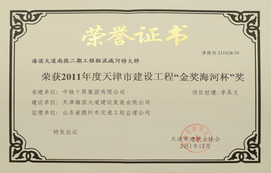2011年天津海濱大道獨(dú)流減河特大橋“金獎海河杯獎”